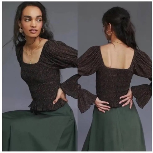 Anthropologie Metallic Square Neck Smocked Top - Picture 2 of 5